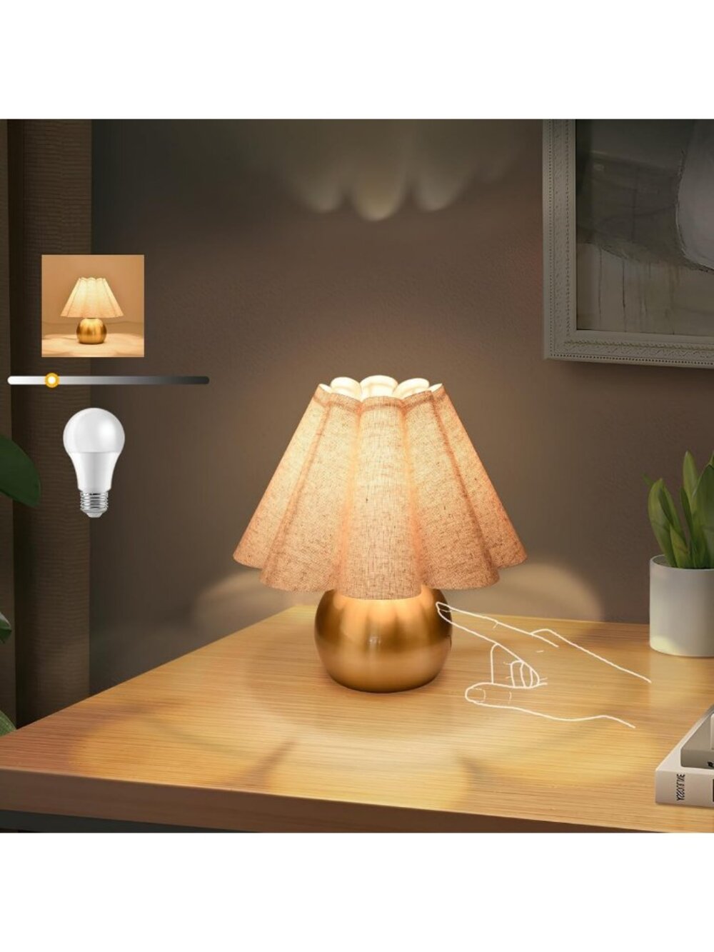 Chic Gold Touch Control Table Lamp for Bedroom & Nightstand, Mini Scalloped